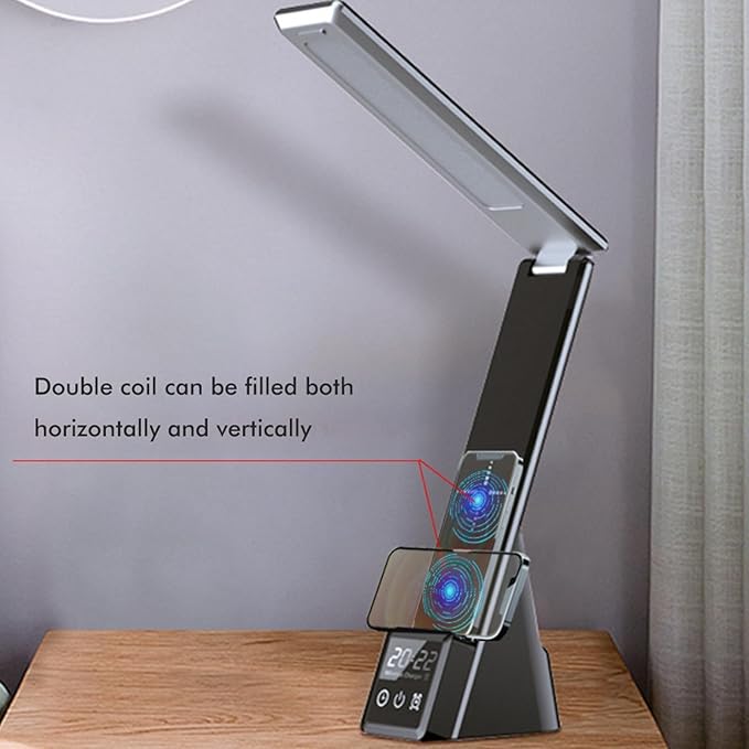 Wireless Charging LED Desk Lamp, Desk Lamp with Clock/Alarm Clock Office, Reading Light Book Light, Touch Dimming 3 Color Modes, Desk for Studying/University
