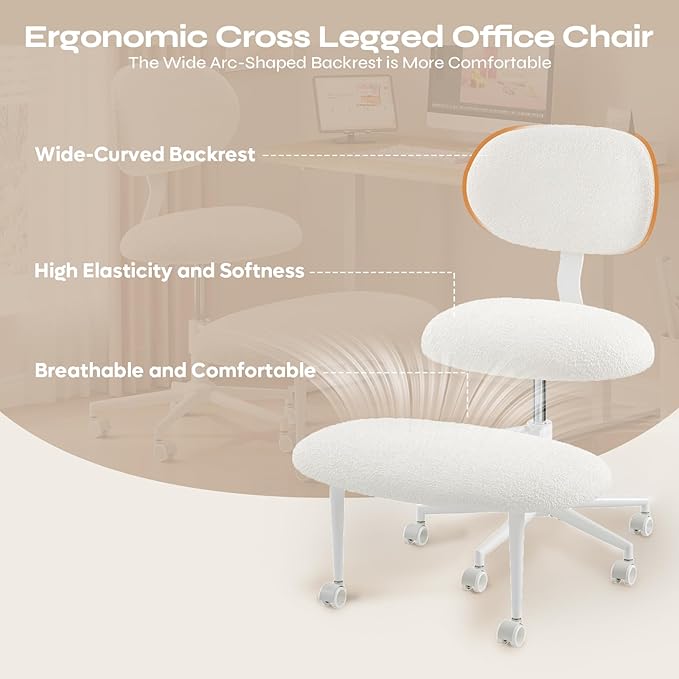 Ergonomic Cross Legged Office Chair with Wheels, Focus-Friendly Chair for Adults, Meditation Chair, Yoga Office Chair, Comfortable Lumbar Support, Height Adjustable, Small Spaces, Teddy Fabric, White
