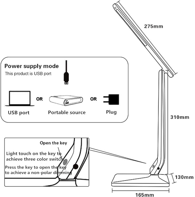 LED Desk Lamp One Key Touch Control Eye-Caring Table Lamps 3 Color Modes Non-Polar Dimmable Foldable for Study Office Bedroom Gift (Black)