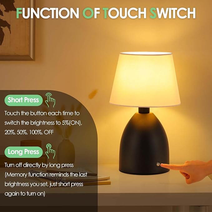 GGOYING Cordless Table Lamp Set of 2, Small Rechargeable Desk Lamp, 4-Level Brightness Bedside Nightstand Lamps for Bedroom, Kid’s Room, Nursery, Reading Living Room,Black