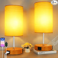HiBay 2-Set 17.75" Touch Bedside Table Lamps with USB Charging Ports & AC Outlet, Farmhouse Wood-Grain 3-Way Dimmable LED Nightstand Lights with Parchment Shade for Home Office Lighting Decor