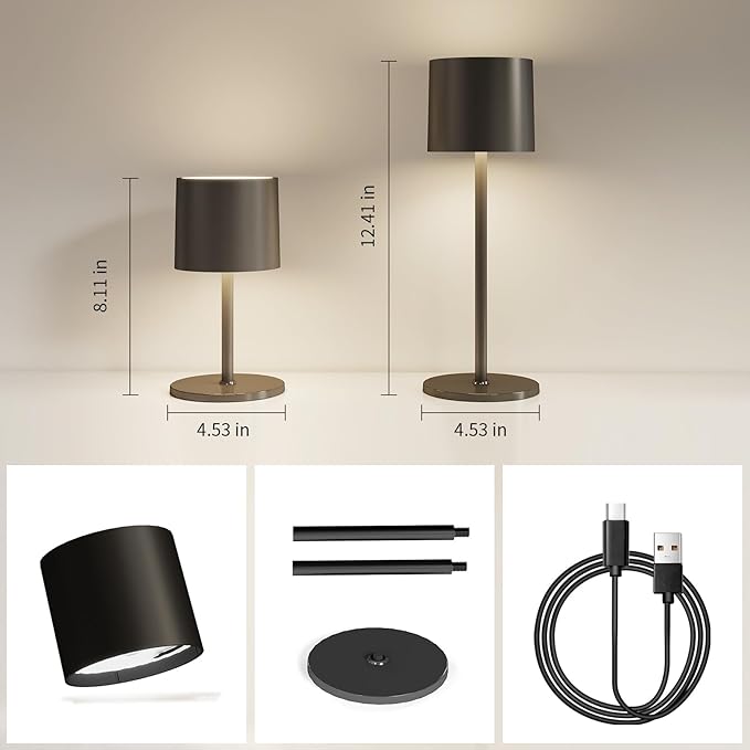 2-Pack Cordless Table Lamp, Portable LED Desk Lamps, 2 Adjustable Height, 4400mAh Battery Powered Rechargeable Light, 3 Color Stepless Dimming, for Restaurant, Bedroom, Outdoor Camping