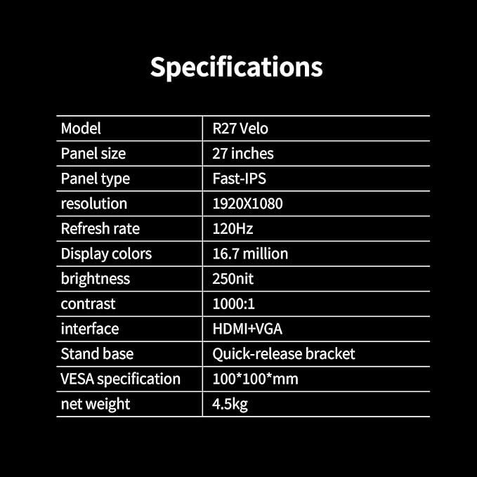 27 Inch 120Hz FHD Computer Monitor, IPS Frameless Gaming Screen with 1ms Response, AMD FreeSync, 100% sRGB, Eye Care, HDMI/VGA Ports & 100x100mm VESA Mount (R27 Velo)