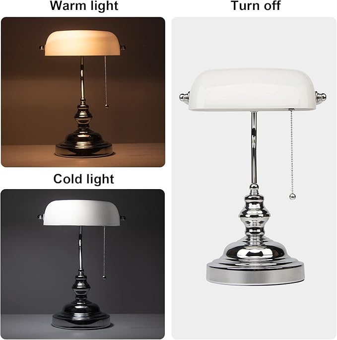 FIRVRE Bankers Lamp with White Glass Shade, Desk Lamp Library Lamp with Pull Chain, Vintage Desk Lamp for Office, Study Room