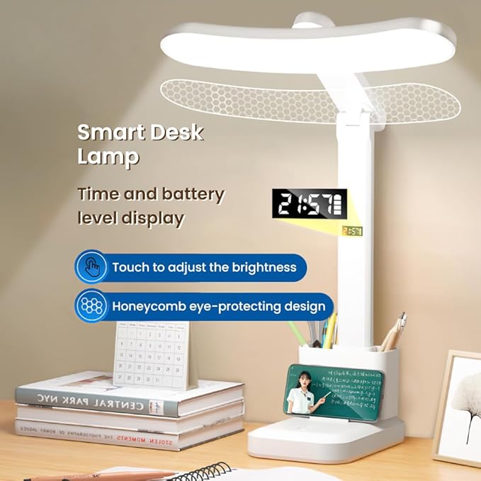 HomeBeyond LED Desk Lamp with USB Charging Ports & 2 Pen Holders – 3 Color Modes, Touch Control, Compact Study Light for Home Office, Kids, and Desk Use
