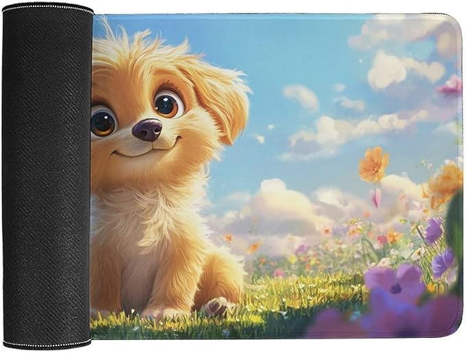 Large Ergonomic Gaming Mouse Pad Fluffy Puppy in Sunny Meadow - Cute Dog Theme with Non-Slip Base Water-Resistant Surface and Stitched Edges 30x60cm