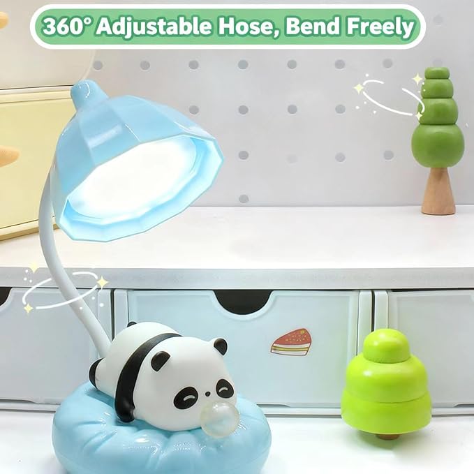 LED Desk Lamp with USB Charging Port, Gooseneck, Cute Panda Night Light for Bedroom Study Room, Boys Girls Children, Touch Control, 500 mAh, Rechargeable Lighting Decor for Boys Girls-Blue