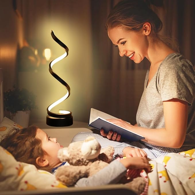 Modern Table Lamp Set of 2, Dimmable Spiral Desk Lamps for Bedside, 12W LED with 3 Color & 10 Brightness Levels, Perfect for Bedroom & Living Room (Black)