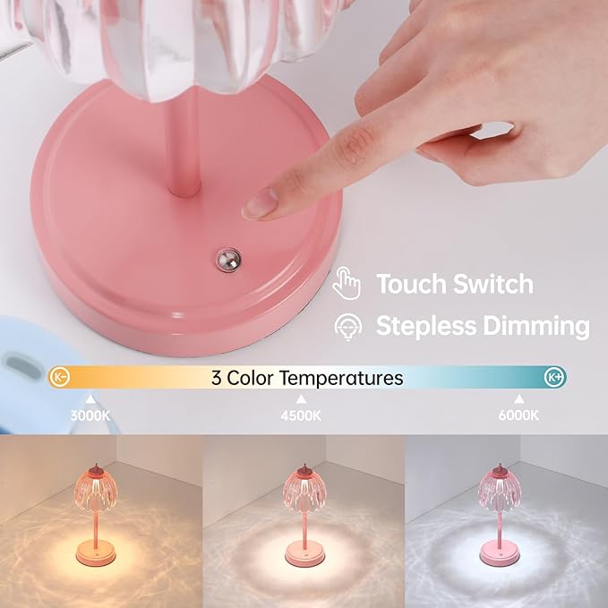 Rechargeable Table Lamp with 5200mAh Battery & Touch Control - 3 Adjustable Color Temperatures, Cordless Dimmable Table Light for Bedroom, Office Desk, Nightstand (Clear Pink,Pink Base)