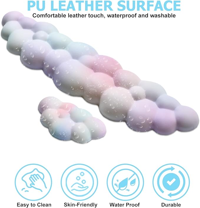 Cloud Wrist Rest Keyboard, PU Leather Memory Foam Wrist Support for Computer Keyboard, Ergonomic Keyboard Pad and Cute Mouse Wrist Pad for Gaming, Office, Computer, Easy Typing, Rainbow