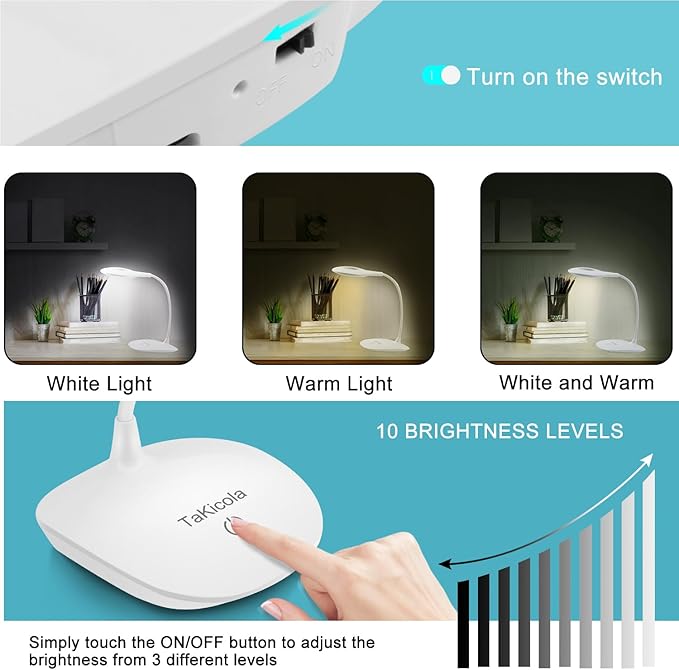 LED Desk Lamp with Flexible Gooseneck, Cordless Rechargeable, 3 Color Modes, Dimmable, Stepless Touch Control, Portable Eye-Caring Table Lamp for Office Home Bedroom, White