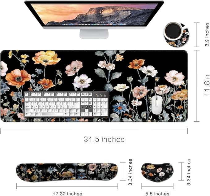 MIBITRI Keyboard Mouse Pad Set, Extended Gaming Mouse Pad+Ergonomics Keyboard Wrist Rest Support, Memory Foam, Easy Typing, 4Pcs XXL Ultra Thick Desk Mat, Flower Black