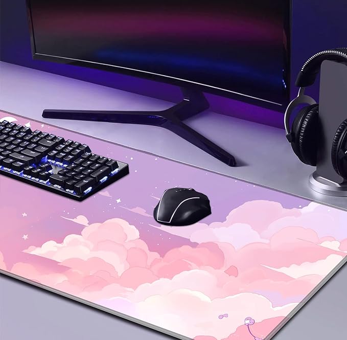 Cute Anime Cloud Desk Mat, Beautiful Pink Stitching Edge Non Slip Rubber Mouse Pad, Suitable for Female and Girl Office Decoration 35.4 x 15.7 x 0.12 Inches