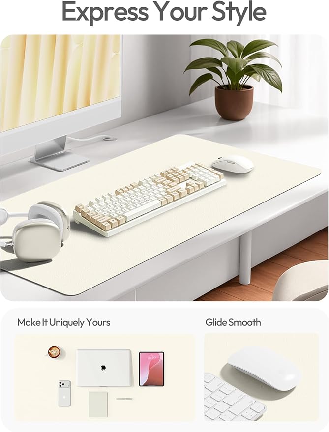 YSAGi Leather Desk Protector, Office Mat, Large Mouse Mat, Non-Slip PU Leather Blotter, Laptop Pad, Waterproof Writing Pad for Office and Home (Cream, 47" x 17")