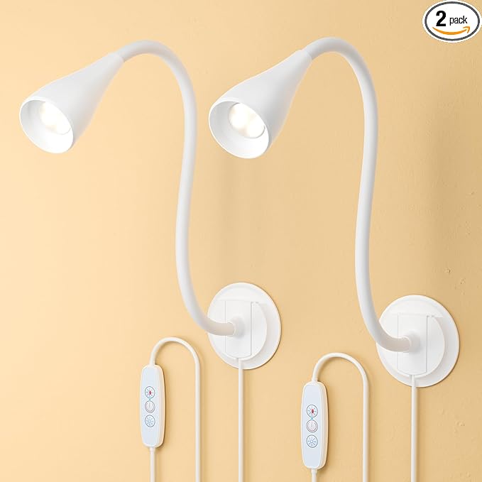 Wall Mounted Reading Light, Wall Light for Book at Night in Bed,Bedside,Headboard,Desk, Eye Care LED, Plug in USB Powered,5 Color & Brightness Dimmable, Flexible Gosseneck, 2 Pack