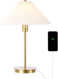 JONATHAN Y 21.25" Brass Gold Modern Glam Metal Column LED Table Lamp with USB Charging Port, Scandinavian Minimalist Bedside Lamp, White Pleated Shade, LED Bulb Included JYL1149A