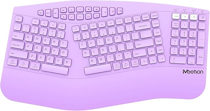 MEETION Ergonomic Keyboard Wireless, Multi-Device Bluetooth Keyboard, Full-Sized Rechargeable Split Computer Keyboards, Wrist Rest for Natural Typing, for Windows/Mac/Laptop/Table/PC, Purple