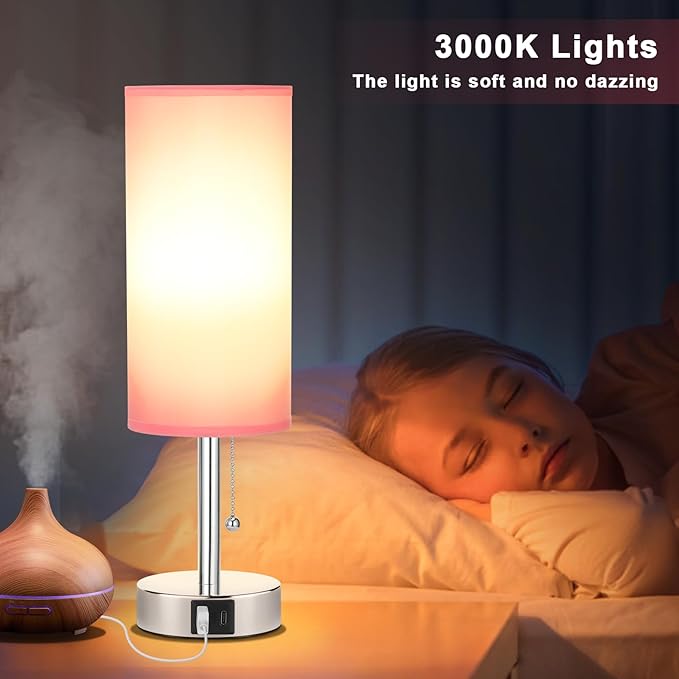 Hong-in Pink Bedside Lamp for Bedroom-Nightstand Lamps with 3 Color Modes with USB-C+A Charging Ports, 3000/4000/5000k Bedroom Lights by Pull Chain