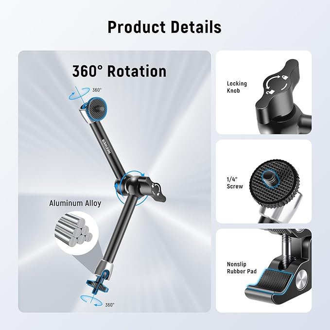 NEEWER 9.8"/25cm Magic Arm with Super Clamp & Cleaning Cloth, 1/4" & 3/8" Threads for Flash/LED Light/Microphone/DSLR Camera Monitor Compatible with SmallRig Camera Cage, Max Load: 4.4lb/2kg, ST25C