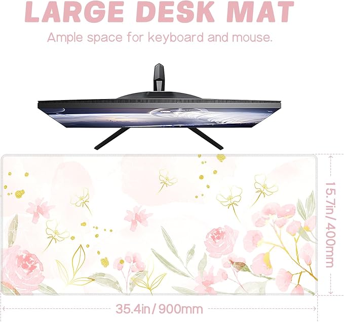 Baziabbo Pink Floral Desk Mat,XXL Extended Large Mouse Pad,Gaming Mousepad with Stitched Edge,Non-Slip Rubber Base Keyboard Desk Pad for Home Office Study Game