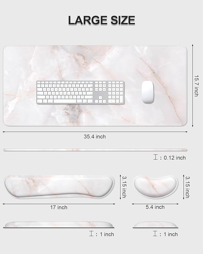 Auhoahsil Large Mouse Pad with Wrist Rests for Keyboard & Mouse, Thick Soft Ergonomic Memory Foam Wrist Supports, Big & Long Desk Mat 35.5 x 15.7 in, for Office Gaming Computer, White Marble