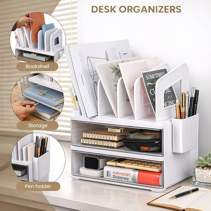White Acrylic Desk Organizer with Drawer & File Holder, Stackable Modular Storage System, Multi-Layer Desktop Organizer, Space Saving Desk Organizer for Home Office & Study