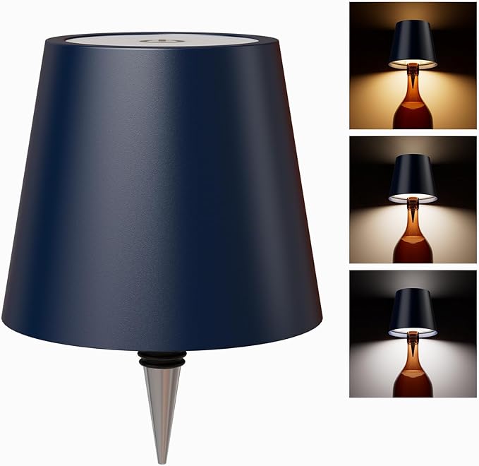 Wireless Bottle Lamp Shade with 3 Color Temperatures - Rechargeable, Stepless Dim LED Wine Bottle Lights, Desk Light for Bedroom, Restaurant, Bar (Dark Blue)