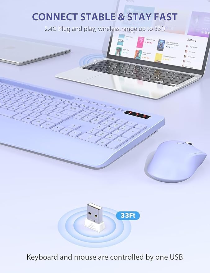 SABLUTE Wireless Keyboard and Mouse, Wrist Rest, Phone Holder, 2.4G Lag-Free Ergonomic Keyboards Mouse Combo, KM23D Silent Keyboards Set for Computer, Laptop, PC, Windows, Purple