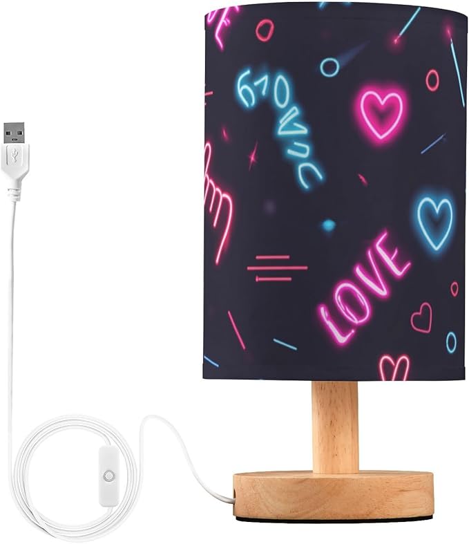 Love Heart LED Table Lamp, Bedside Lamp with Linen Lampshade, Flicker-Free Eye Care USB Plug in Nightstand Lamp, for Bedroom and Office