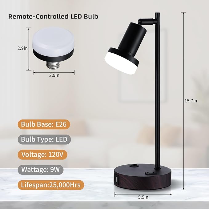 Industrial Table Lamp with Remote Control for Stepless Dimmer & Temperatures, Bedside Lamp with USB C+A Ports and AC Outlet, Flexible Head-Desk Lamp for Bedroom, Living Room, Office (Walnut)
