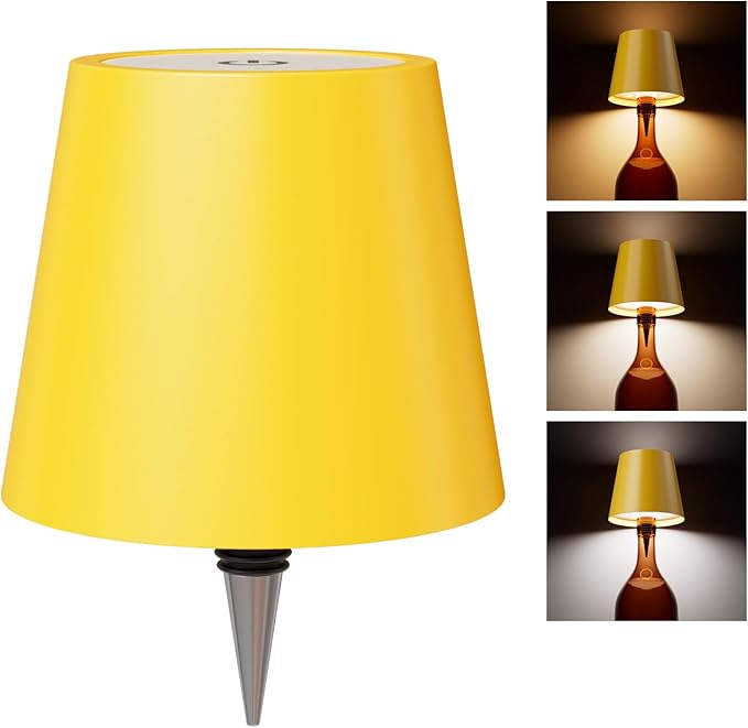 Wireless Bottle Lamp, Wireless Bottle Lamp Shade with 6 Color Temperature, Rechargeable Stepless Dimming LED Wine Bottle Lights for Any Bottle, Desk Lamp for Bedroom Restaurant Bar -Yellow