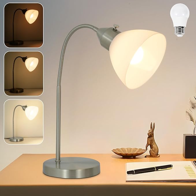 LED Desk Lamp for Home Office, 3 Levels Dimmable Reading Light, Flexible Table Lamp for Bedside Office, Rotary Switch Control, Desk Lamp for College Dorm Study Lamp, Bulb Included, Sliver