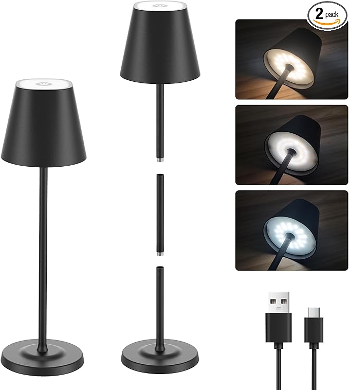 GOODEA LED Cordless Table Lamp Rechargeable, 3-Height Adjustable, 5500mAh Battery Operated Lamp, 3-Color Dimming Touch Lamp, Portable Lamp for Dining, Bedroom,Camping, Outdoor, Indoor(Black 2 Pcs)