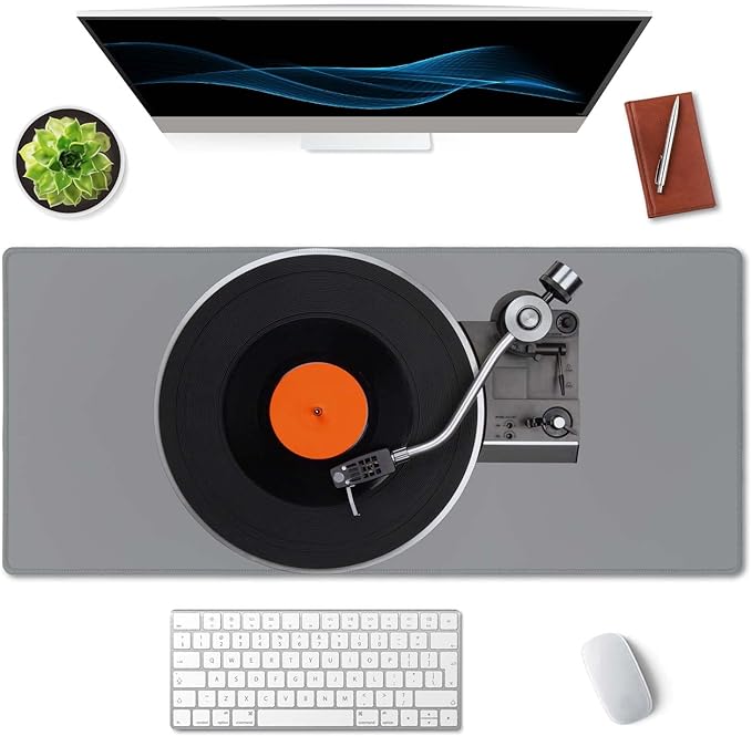 SSOIU Extended Gaming Mouse Pad Mat Large Desk Mat Non Slip Rubber Base Computer Desktop Laptop Keyboard Mouse Mat Stitched Edges, 35.5x15.7 in XXL Mousepad for Work Game, Retro Vintage Vinyl Record