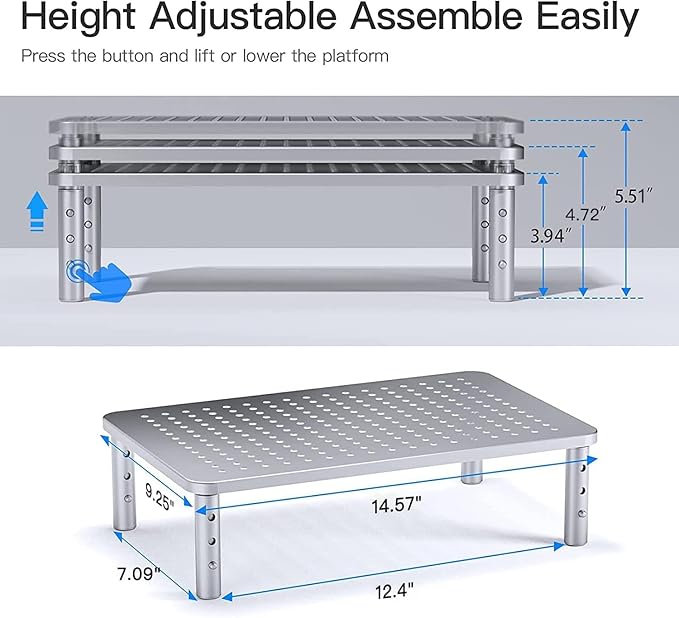 HUANUO Monitor Riser - 3 Height Adjustable Stand for Laptop, Computer, iMac, PC, Printer, Desktop Ergonomic Metal Monitor Riser with Mesh Platform