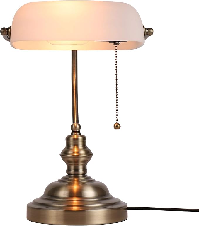 Newrays Glass Bankers Desk Lamp with Pull Chain Switch Plug in Fixture,Satin Brass Finish (White)