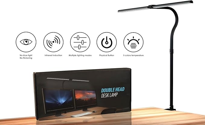 LED Desk Lamp with Clamp, Dimmable Clip On Light, Eye-Caring Gooseneck Task Lamp for Home Office, Study, Reading & Workbench, Adjustable Lighting for Small Desk – Black