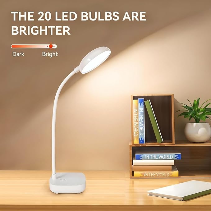 White Small Battery Powered Desk Lamp,Battery operated lamp,5W Rechargeable desk light,3 Colors,Adjustable brightness,360°Gooseneck Hose,Cordless lamps for small spaces,Eye-friendly and Energy Saving