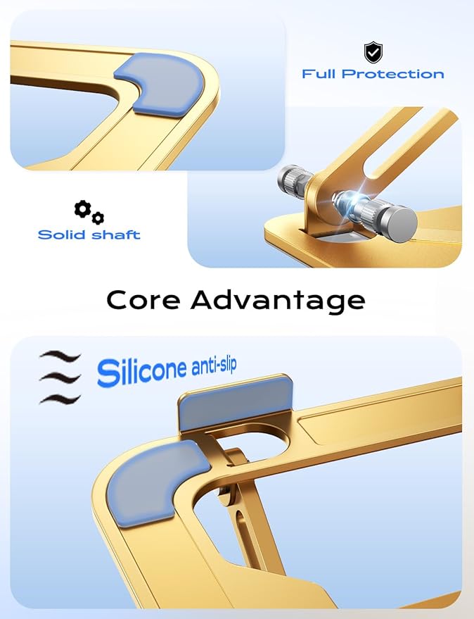 Adjustable Laptop Stand for Desk, Metal Foldable Laptop Riser, Portable Laptop Holder Mount, Ventilated Cooling Computer Notebook Stand for MacBook Air Pro, All 10-16'' Notebooks Laptops, Gold