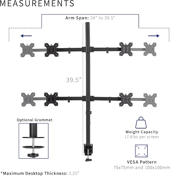 VIVO Premium Quad Ultra Wide LCD LED 27 to 38 inch Monitor Desk Mount, Heavy Duty C-clamp, Extra Tall Pole, Adjustable Telescoping Arms, Flush Wall Setup, Fits 4 Screens, Black, STAND-TS38C-4