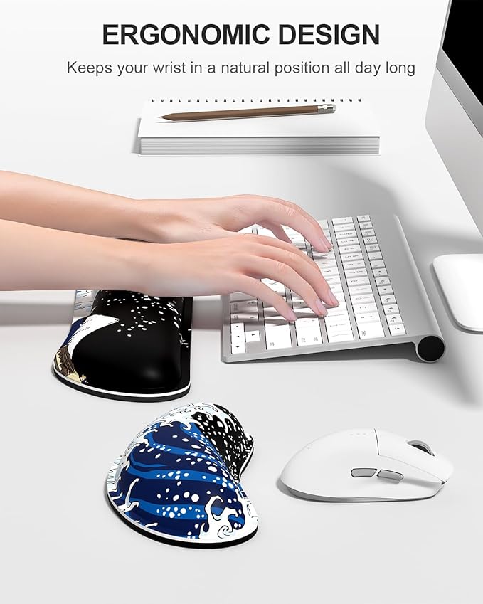 Auhoahsil Large Mouse Pad with Wrist Rests for Keyboard & Mouse, Thick Soft Ergonomic Memory Foam Wrist Supports, Big & Long Desk Mat 35.5 x 15.7 in, for Office Gaming Computer, Great Wave