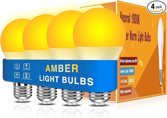 Neporal Amber Sleep Light Bulbs 1800K 4PK, 9W 60 Watt Equivalent, 99.96% Blue Blocking Soft Warm Light Bulbs A19, Amber Night Light E26 for Bedroom and Baby Nursery Light