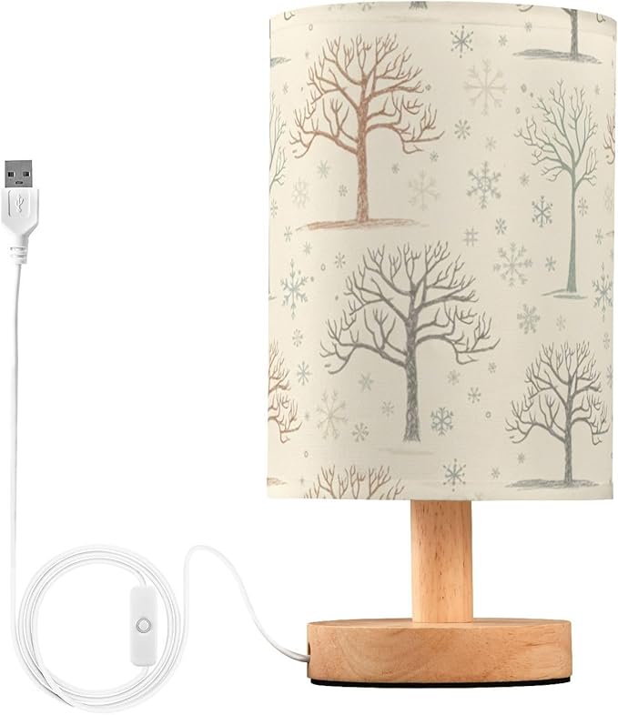 Beige Tree LED Table Lamp, Bedside Lamp with Linen Lampshade, Flicker-Free Eye Care USB Plug in Nightstand Lamp, for Bedroom and Office