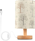 Beige Tree LED Table Lamp, Bedside Lamp with Linen Lampshade, Flicker-Free Eye Care USB Plug in Nightstand Lamp, for Bedroom and Office
