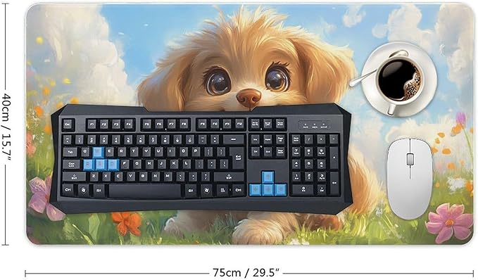 Large Ergonomic Gaming Mouse Pad Happy Puppy in Sunny Field - Lovable Dog Theme with Non-Slip Base Water-Resistant Surface and Stitched Edges 40X75cm