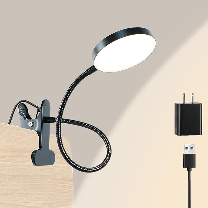 Desk Lamp, 8W 66 LED Reading Light for Bed, Eye Caring Metal Clip Lamp, 5 Color 10 Brightness Levels, Memory Function, Flexible Desk Lamp, USB Powered, Includes 5V/2A UL Adapter