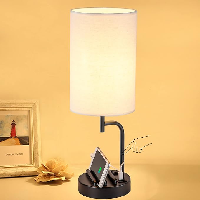 Dreamholder Touch Control USB Table Lamp, Upgraded 3-Way Dimmable Bedside Desk Lamp with USB C & A Charging Ports and AC Outlet, Nightstand Lamp for Bedroom, Dimmable 9W LED Bulb Included