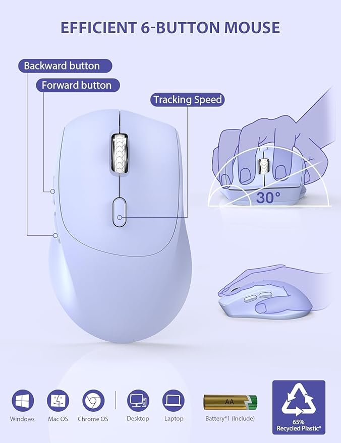 SABLUTE Wireless Keyboard and Mouse, Wrist Rest, Phone Holder, 2.4G Lag-Free Ergonomic Keyboards Mouse Combo, KM23D Silent Keyboards Set for Computer, Laptop, PC, Windows, Purple