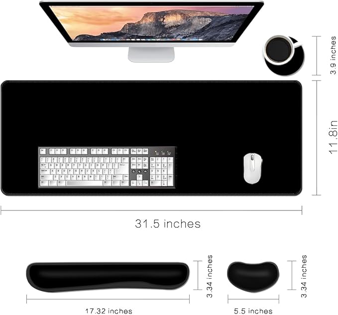 MIBITRI Keyboard Mouse Pad Set, Extended Gaming Mouse Pad+Ergonomics Keyboard Wrist Rest Support, Memory Foam, Easy Typing, 4Pcs XXL Ultra Thick Desk Mat, Black