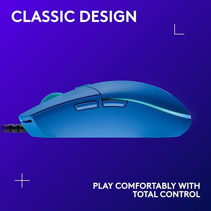 Logitech G203 Wired Gaming Mouse, 8,000 DPI, Rainbow Optical Effect LIGHTSYNC RGB, 6 Programmable Buttons, On-Board Memory, Screen Mapping, PC/Mac Computer and Laptop Compatible - Blue